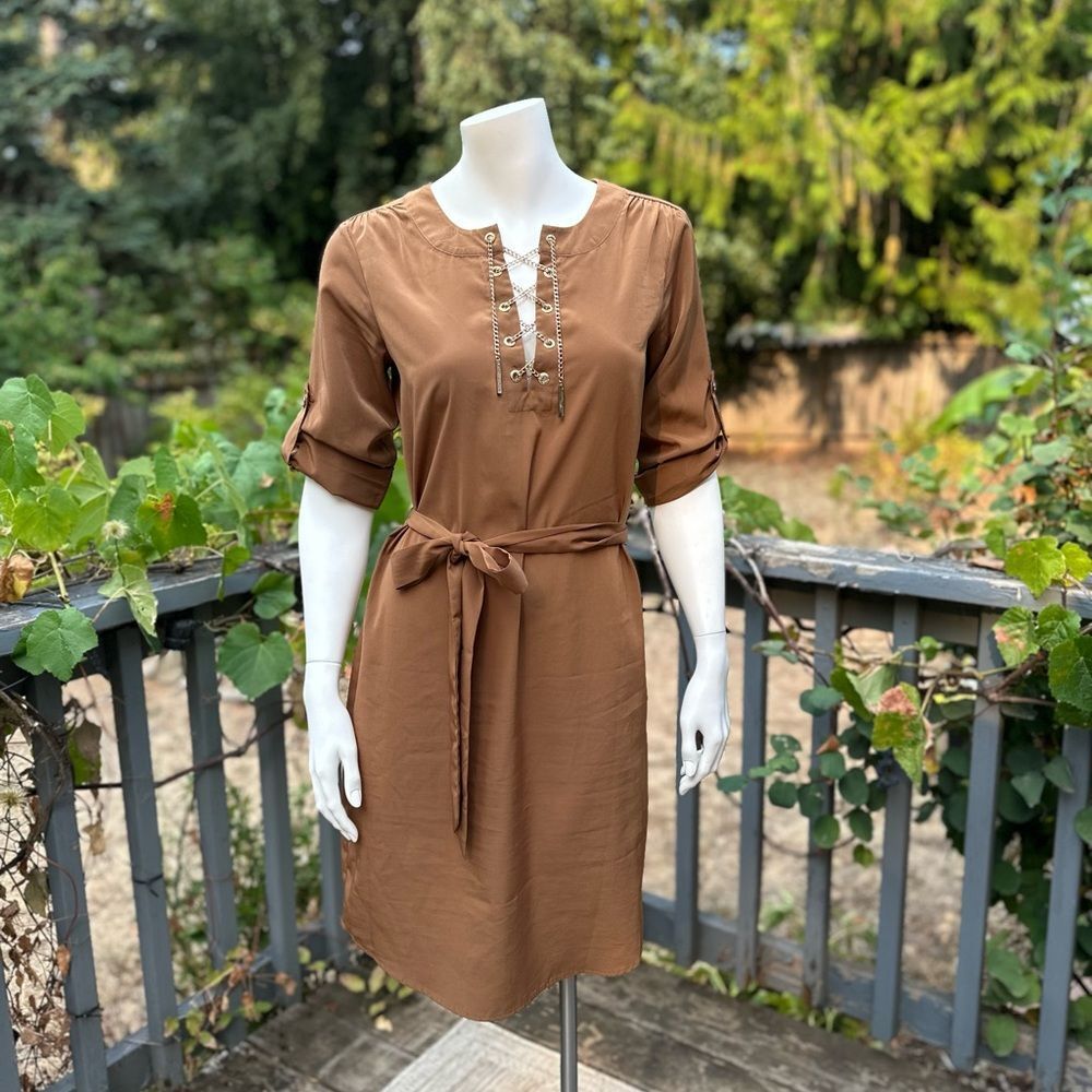 Michael Kors Chain Lace-Up Belted Shirt Dress • XS • gold accents • A-1749
